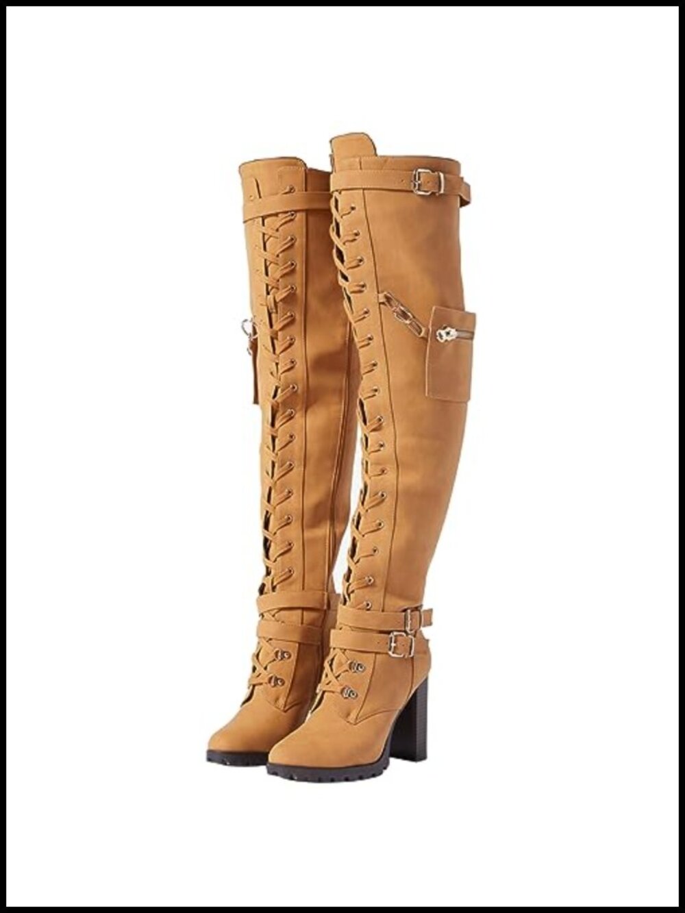 Over the Knee Lace Up High Heel Boots Buckle Strap Chunky Block Tall Thigh High